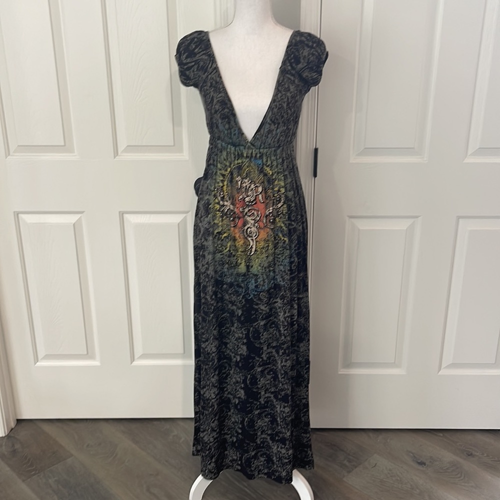 Black Multi Colored Graphic Print Deep-V Empire Waist Maxi-Small